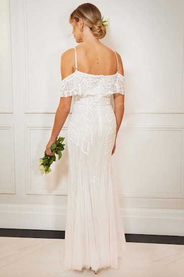 Sistaglam White Bardot Embellished Bridal Fishtail Maxi Dress