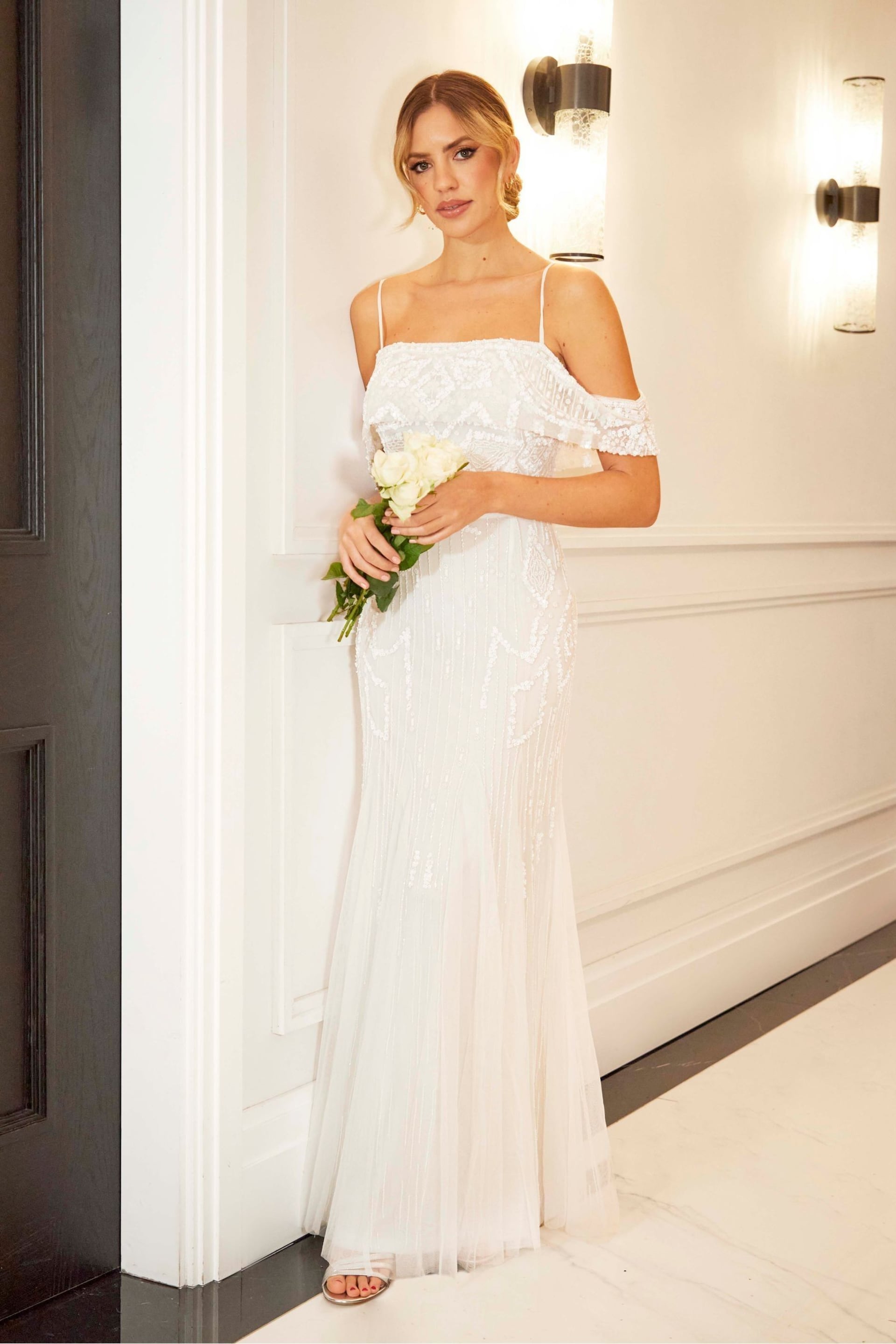 Sistaglam White Bardot Embellished Bridal Fishtail Maxi Dress - Image 4 of 5