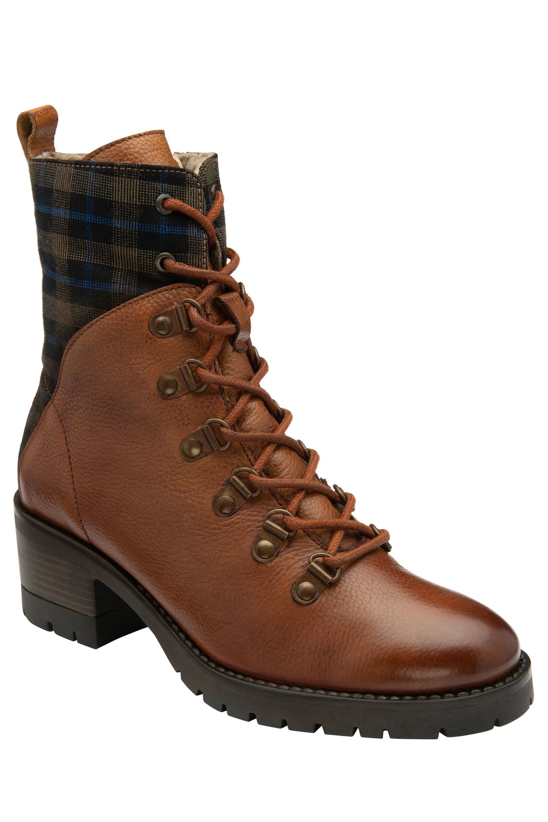 Lotus Brown Leather & Check-Print Zip-Up Ankle Boots - Image 1 of 4