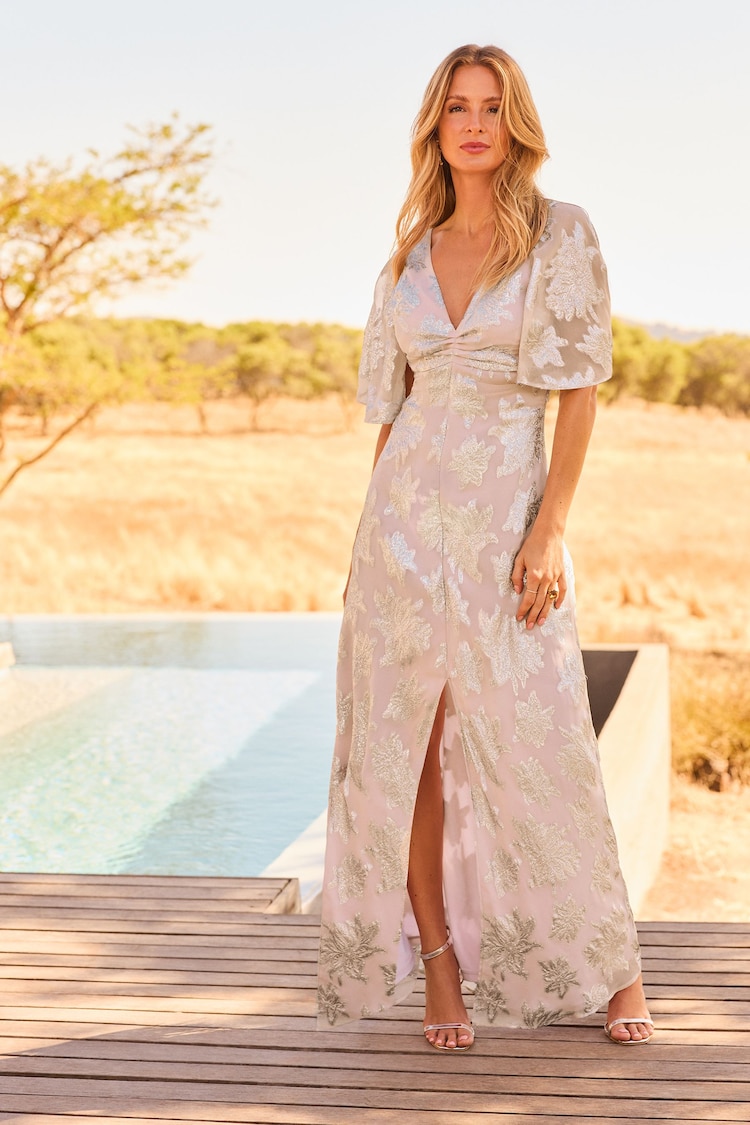 Friends Like These Pink Flutter Cape Sleeve V Neck Maxi Dress - Image 1 of 4