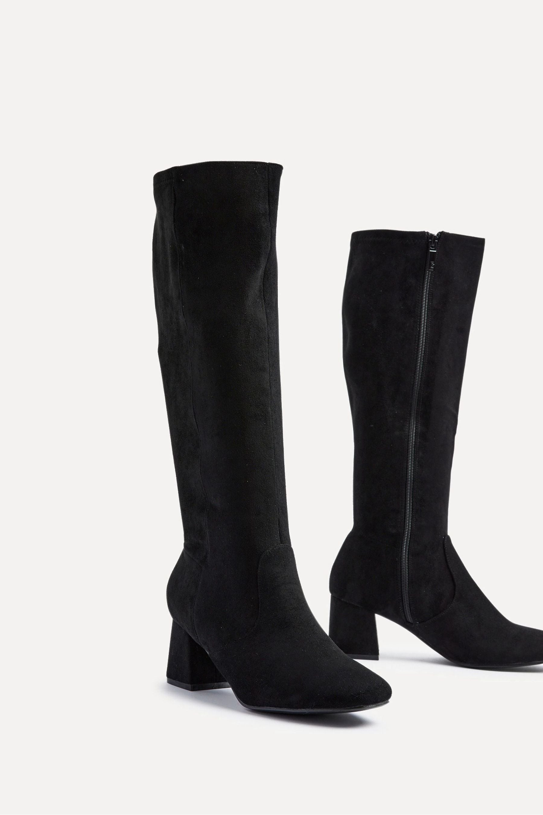 Bess black faux suede heel thigh boots hotsell