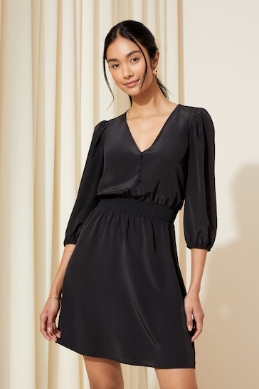 Friends Like These Black Shirred Waist 3/4 Sleeve Mini Dress