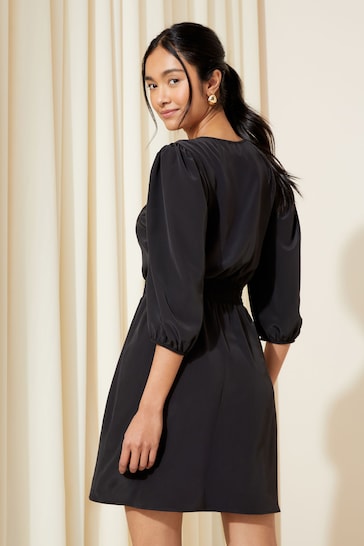 Friends Like These Black Shirred Waist 3/4 Sleeve Mini Dress