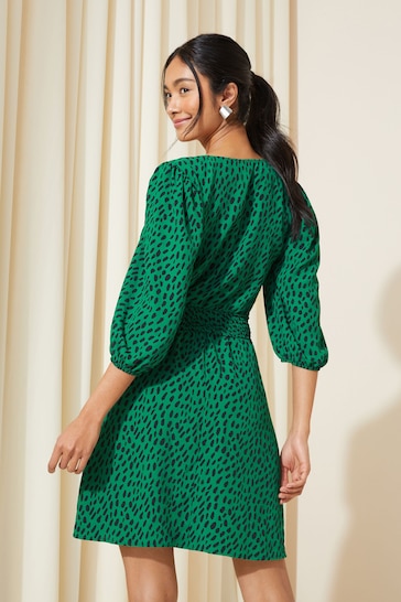 Friends Like These Green Shirred Waist 3/4 Sleeve Mini Dress