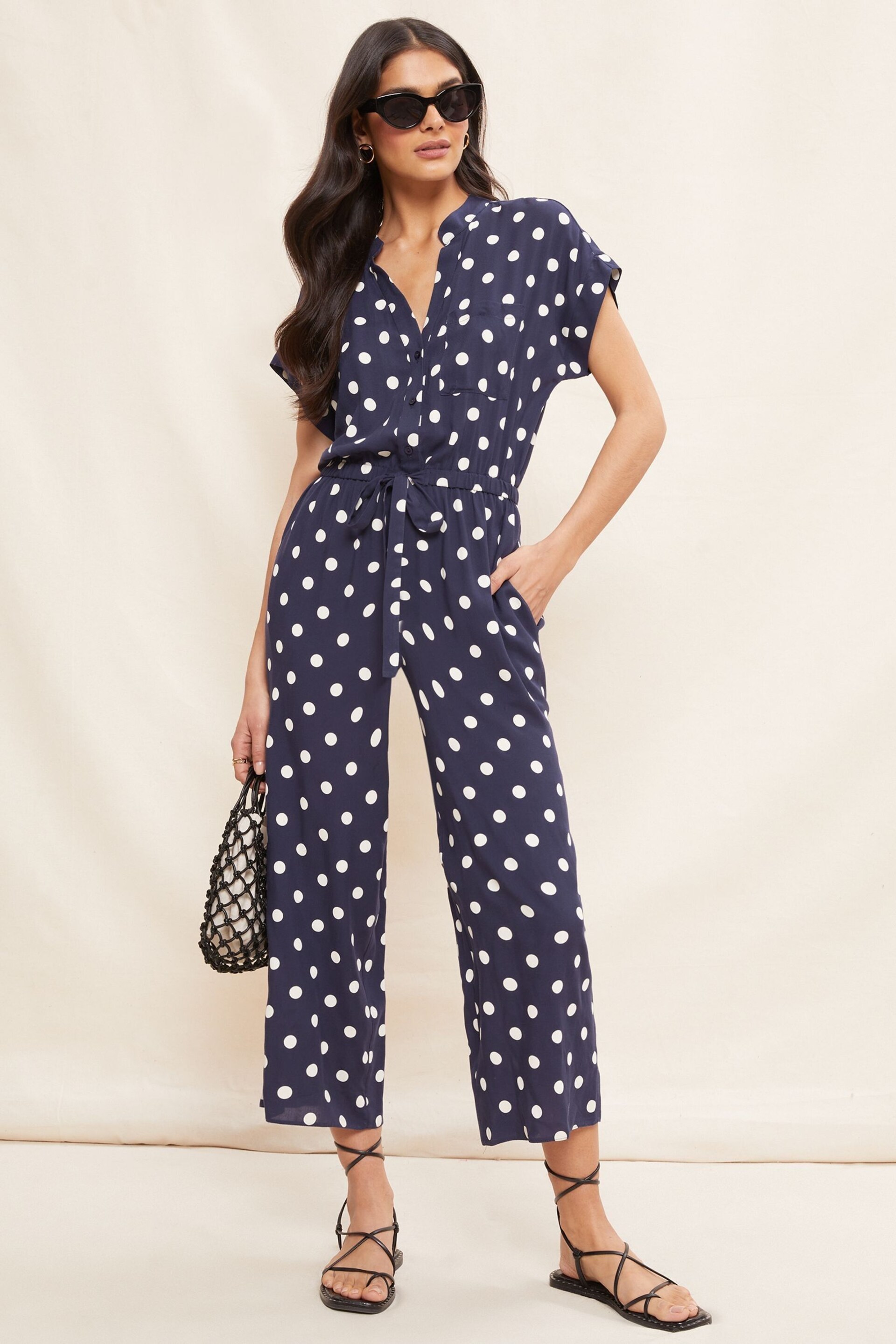 Friends Like These Navy Blue Culotte Jumpsuit With Tie Belt - Image 1 of 4