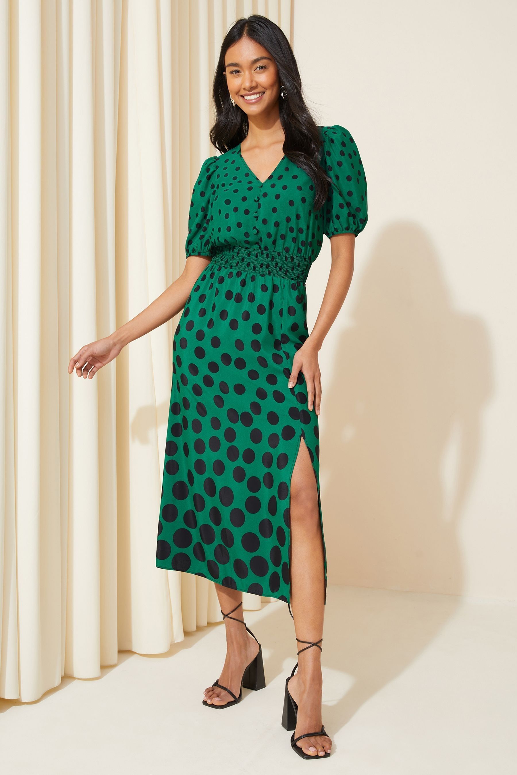 Buy Friends Like These Green Polka Dot Puff Sleeve Ruched Waist V Neck Midi Summer Dress from Next Luxembourg