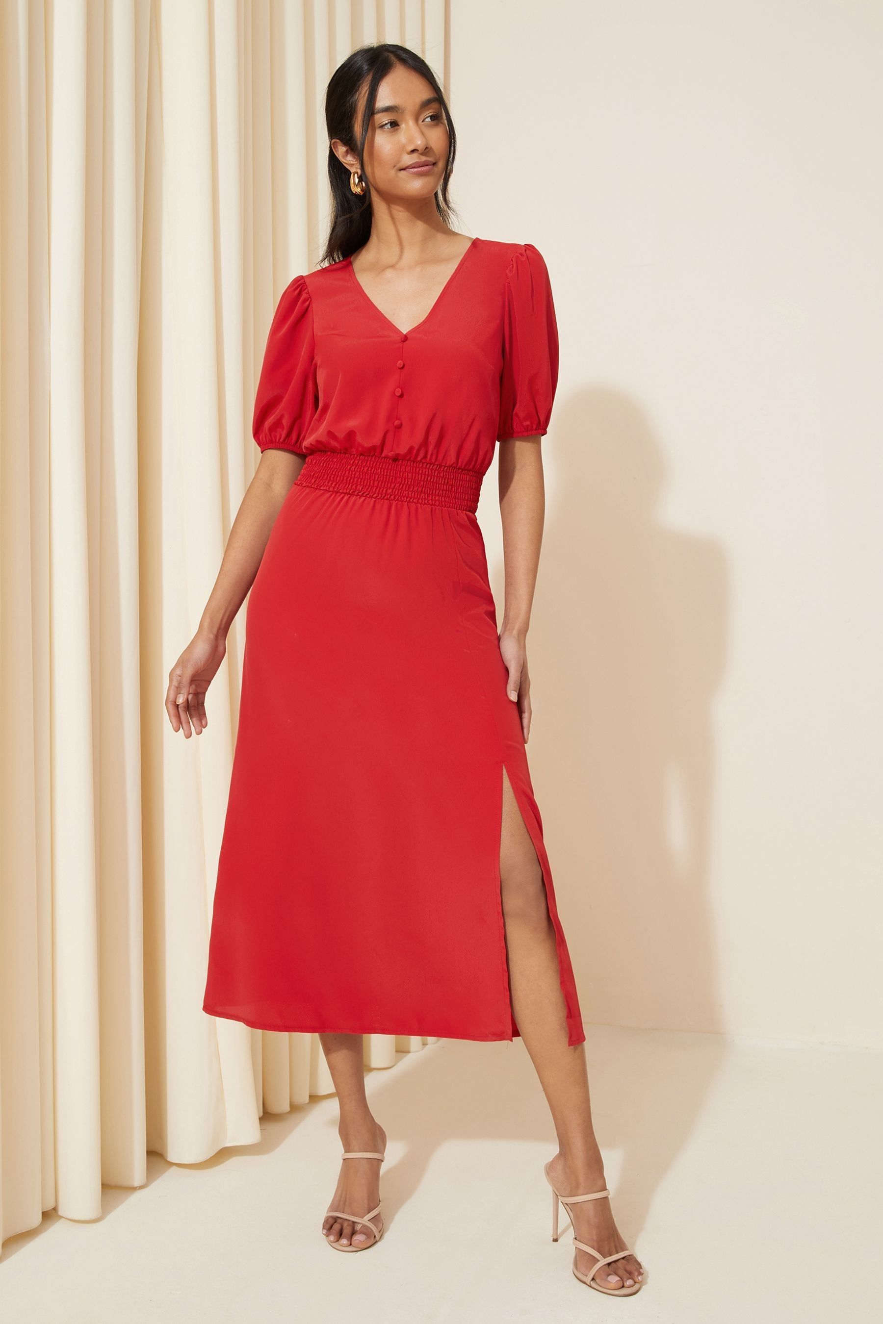 Bright red dress shop