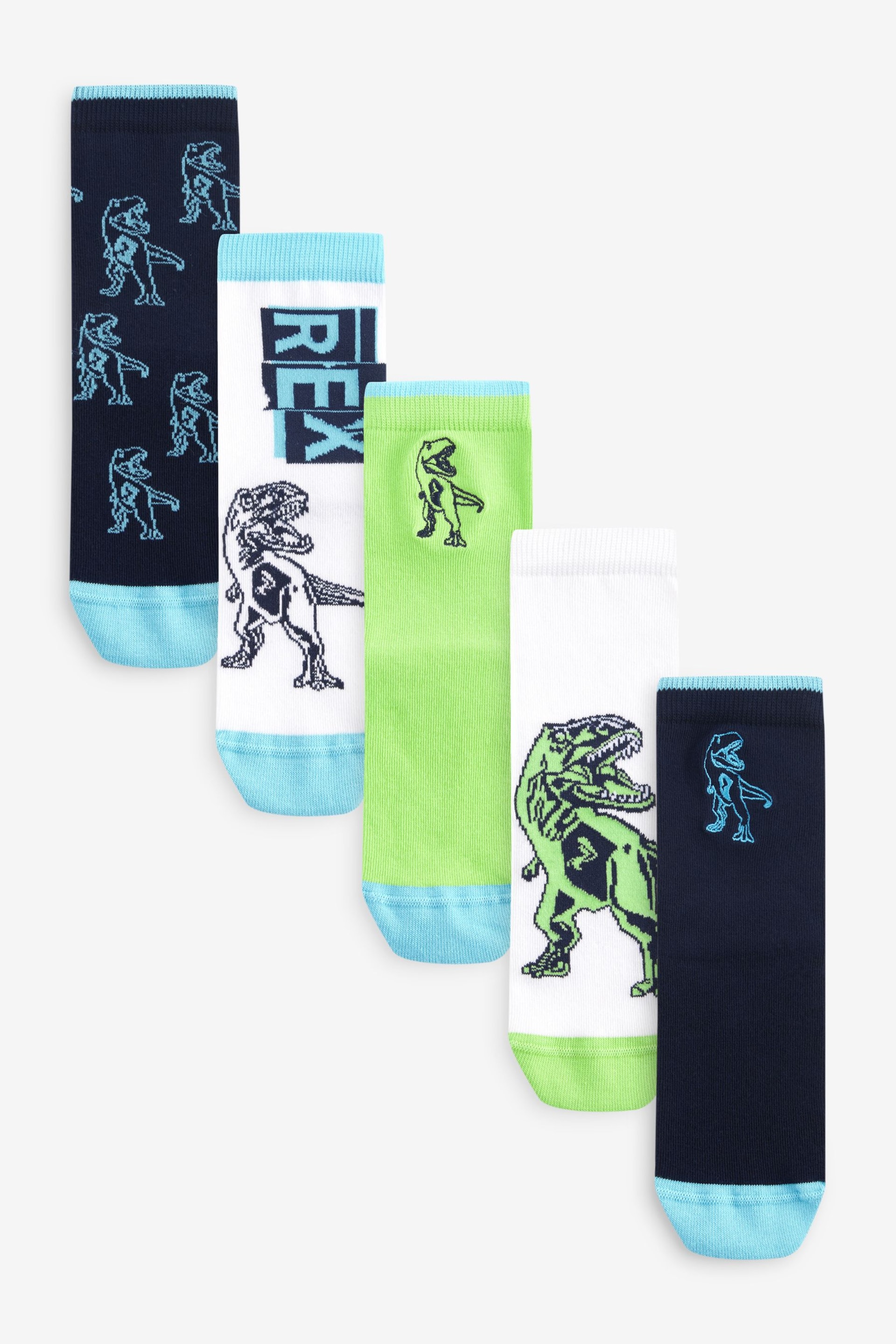 Blue/Green Fluro Dinosaurs Cotton Rich Socks 5 Pack - Image 1 of 6