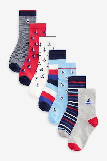 Blue/Red Nautical Stripe/Boat Cotton Rich Socks 7 Pack