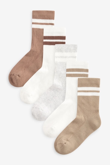 Neutral/Brown/White/Grey Cushioned Footbed Cotton Rich Ribbed Socks 5 Pack