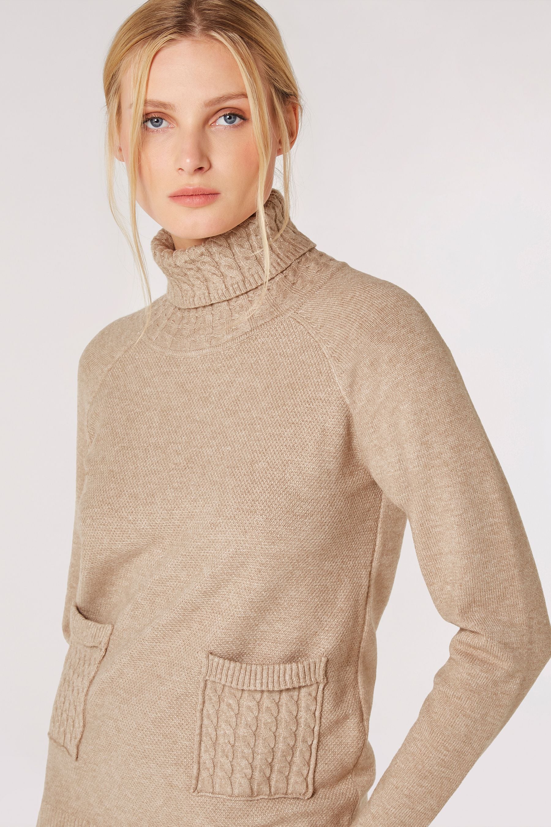 Buy Apricot Brown Aran Neck Pocket Roll Neck Jumper from the Next