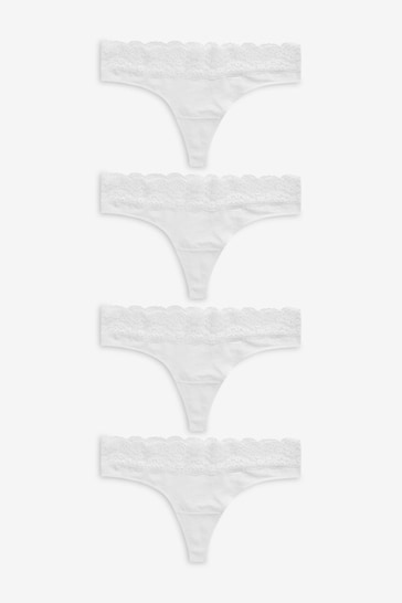 White Thong Cotton and Lace Knickers 4 Pack
