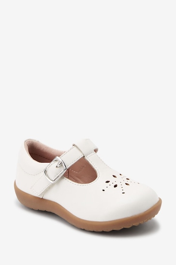 White Leather Wide Fit (G) First Walker T-Bar Shoes