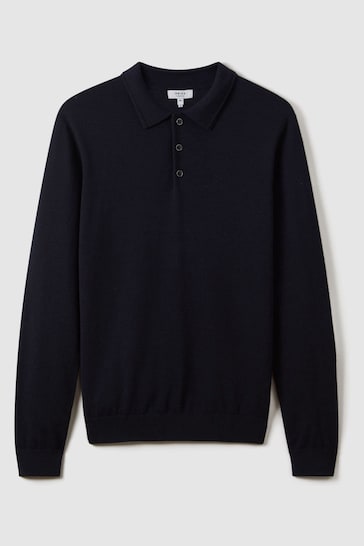 Reiss Navy Trafford Merino Wool Polo Shirt