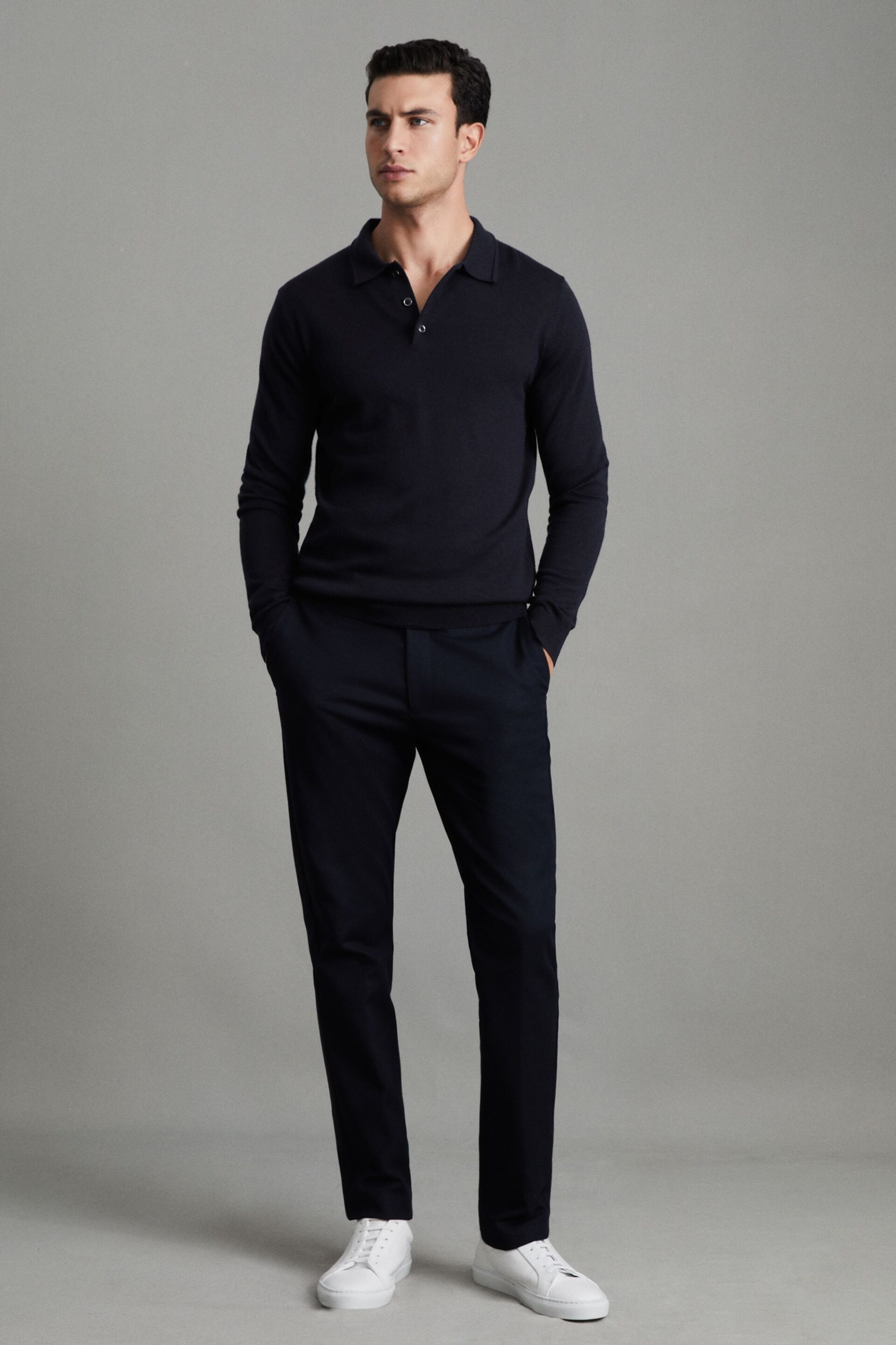 Reiss Navy Trafford Merino Wool Polo Shirt - Image 3 of 5