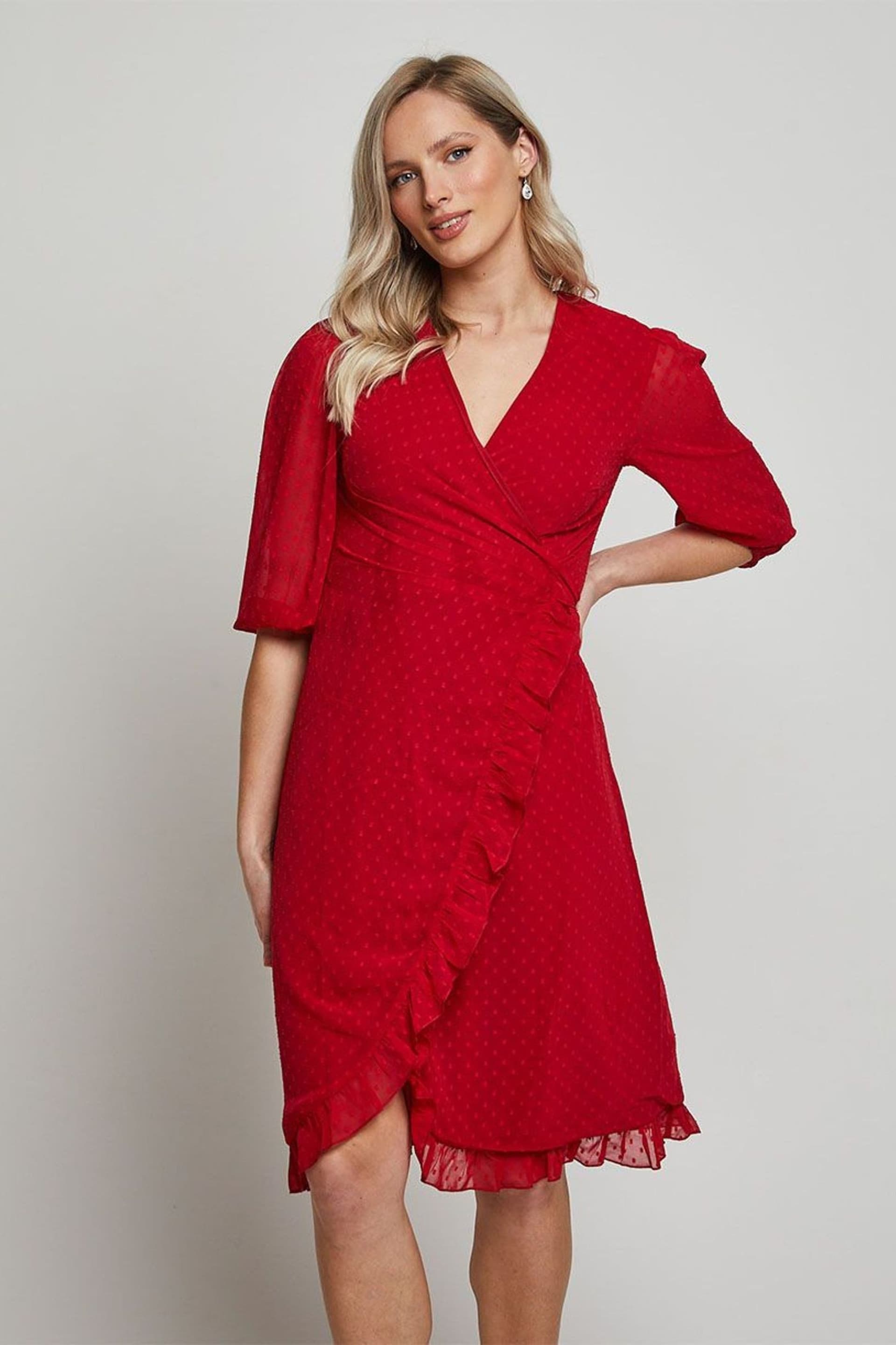 Chi Chi London Red Puff Sleeve Dobby Ruffle Wrap Mini Dress - Image 1 of 4