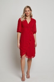 Chi Chi London Red Puff Sleeve Dobby Ruffle Wrap Mini Dress - Image 2 of 4