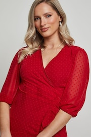 Chi Chi London Red Puff Sleeve Dobby Ruffle Wrap Mini Dress - Image 3 of 4