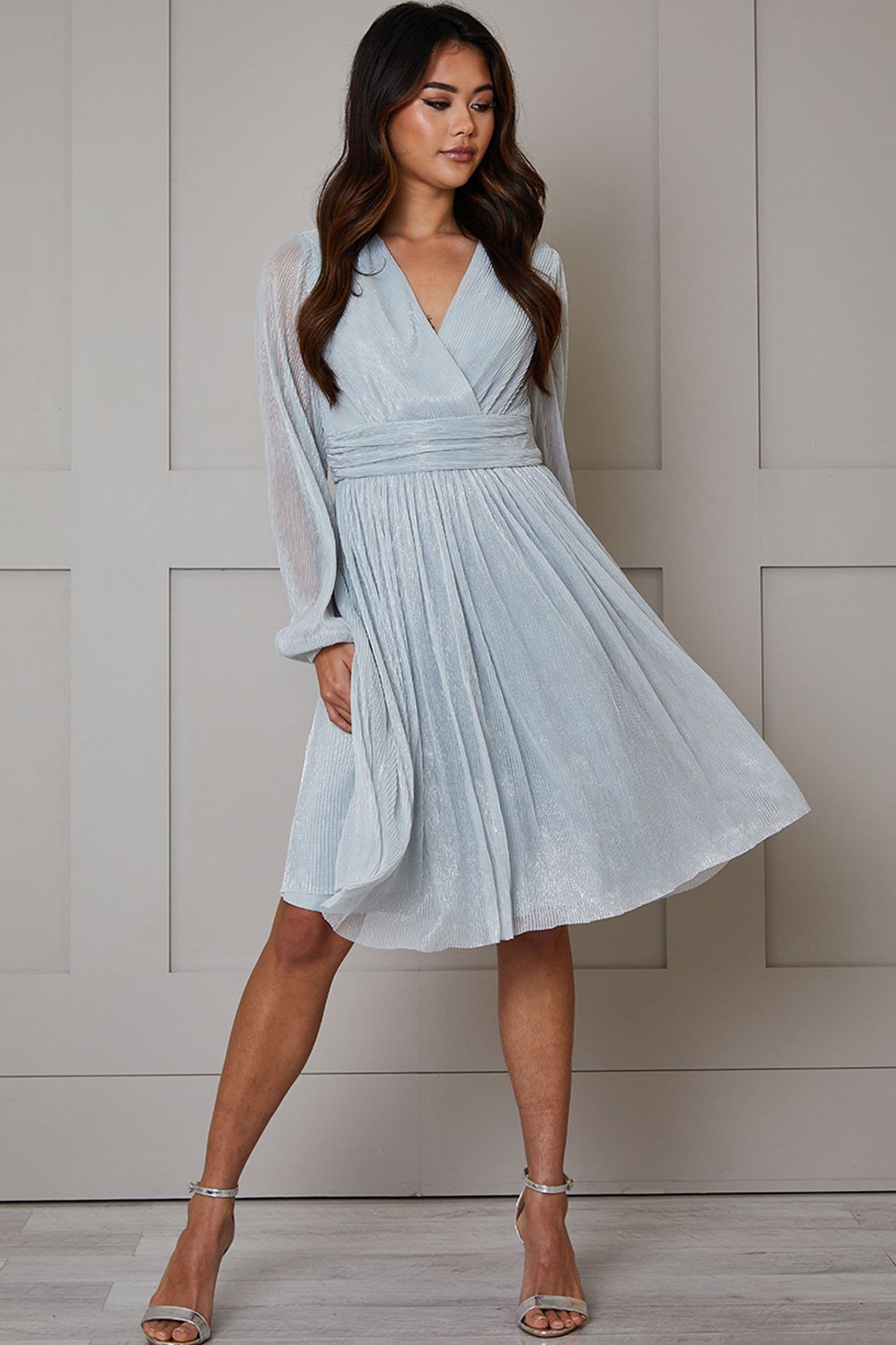 Chi Chi London Blue Long Sleeve Glitter Plisse Wrap Midi Dress