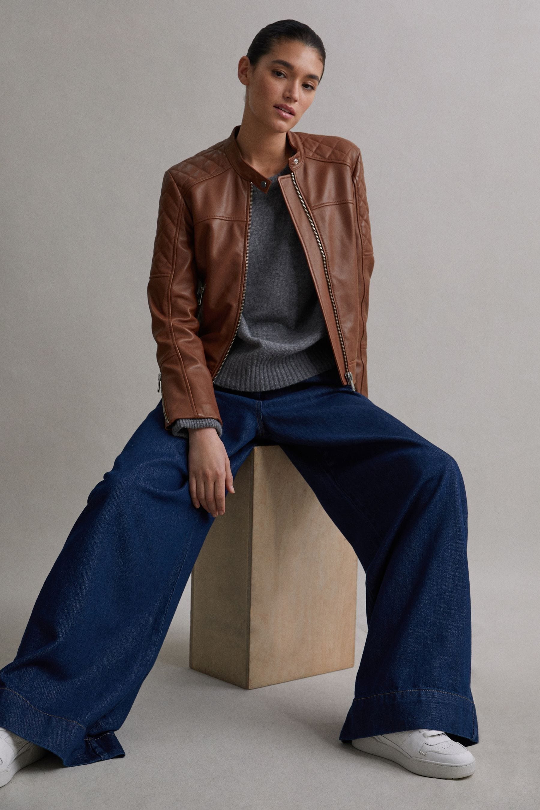 Buy Reiss Tan Adelaide Leather Collarless Quilted Jacket from the Next UK online shop