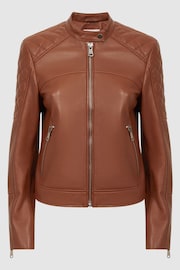 Reiss Tan Adelaide Leather Collarless Quilted Jacket - Image 2 of 5