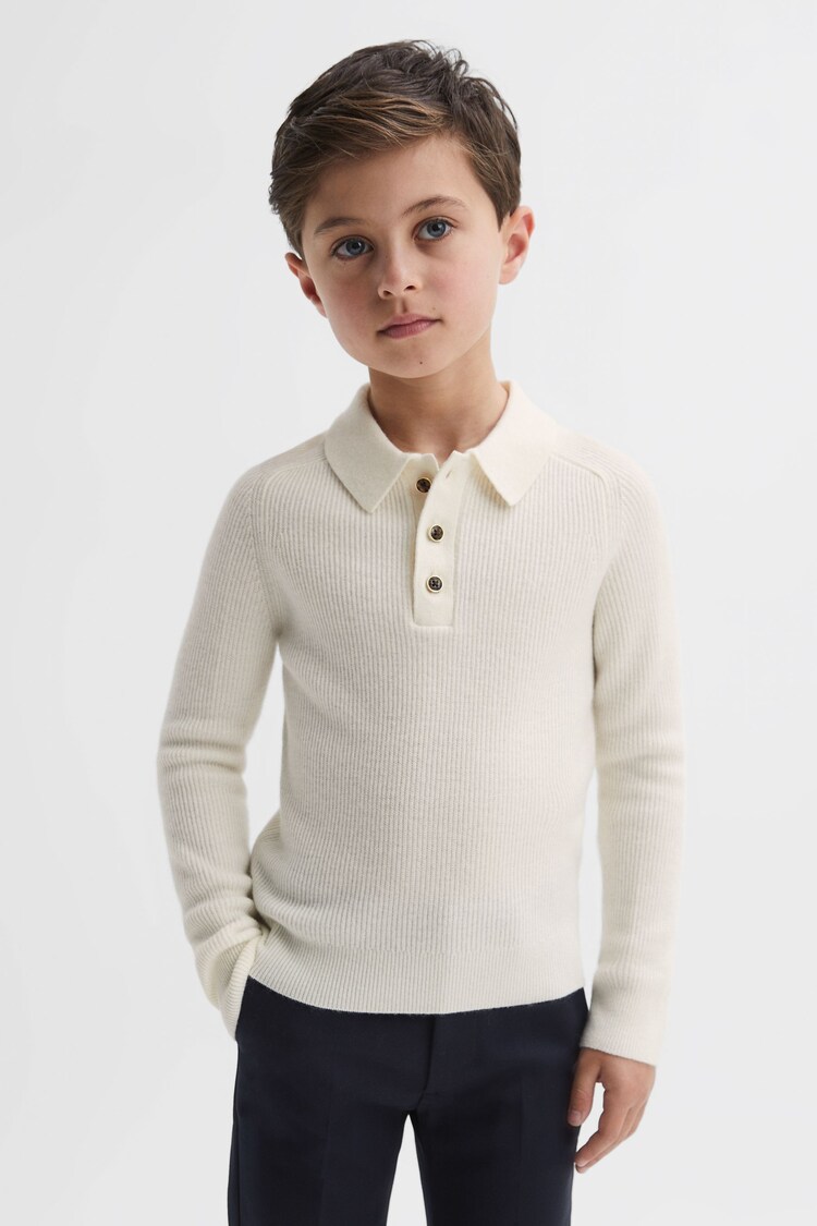 Reiss Ecru Holms Junior Merino Wool Polo Shirt - Image 1 of 6