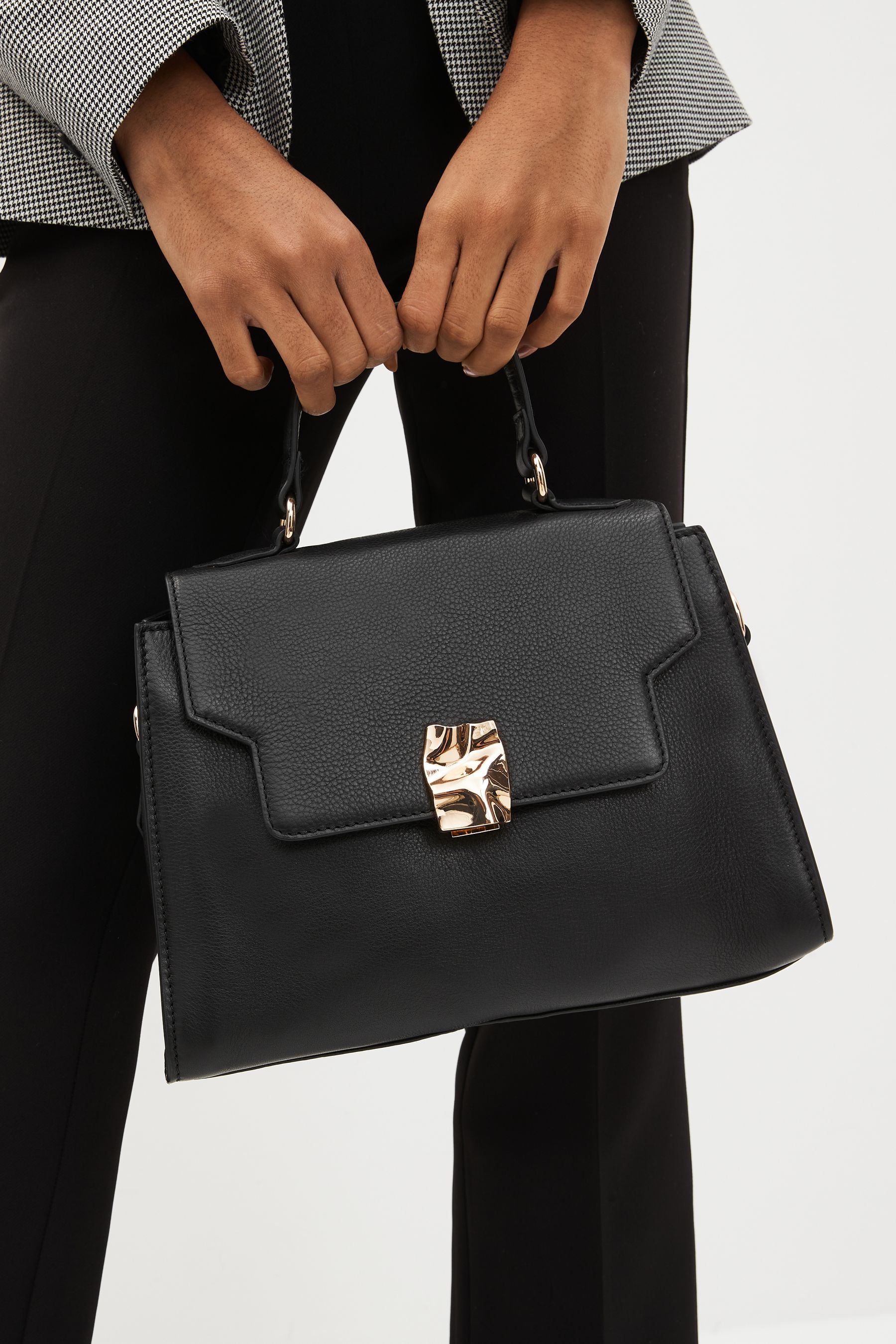 Black leather top on sale handle bag