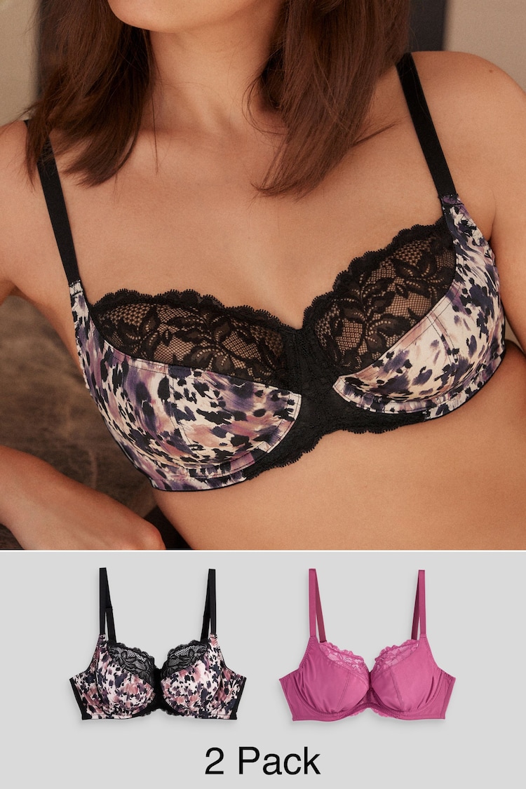 Animal Print/Rose Pink 2 Pack DD+ Non Pad Wired Full Cup Microfibre Lace Bras - Image 1 of 10