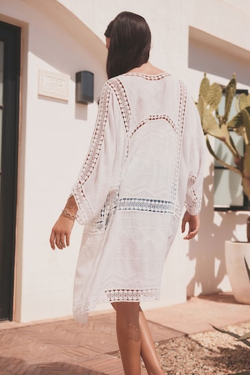 White Crochet Longline Kimono Cover-Up
