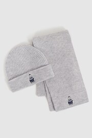 Reiss Soft Grey Melange Talbert Junior Wool Motif Beanie Hat and Scarf Set - Image 1 of 6