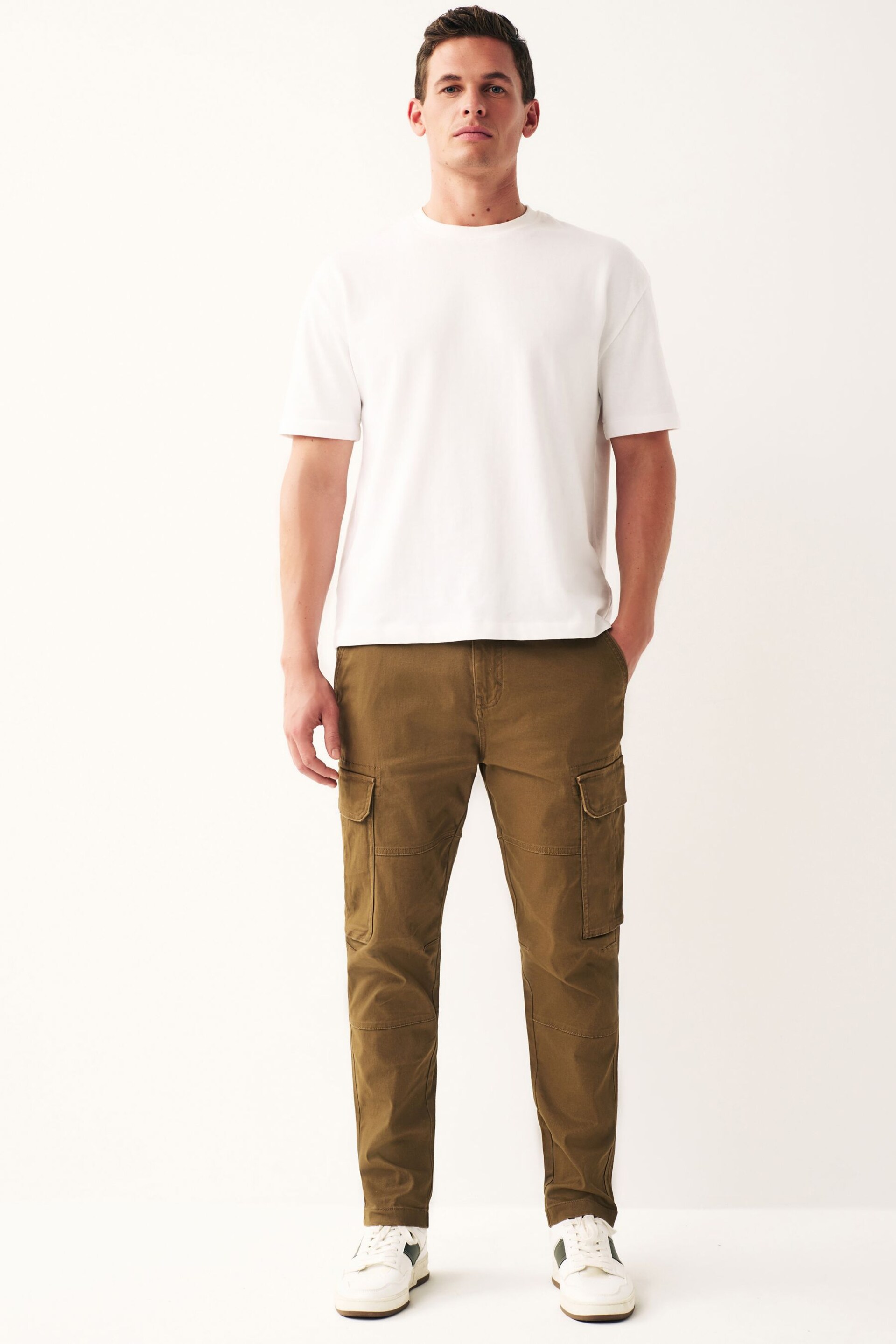 Tan Brown Slim Fit Cotton Stretch Cargo Trousers - Image 2 of 11