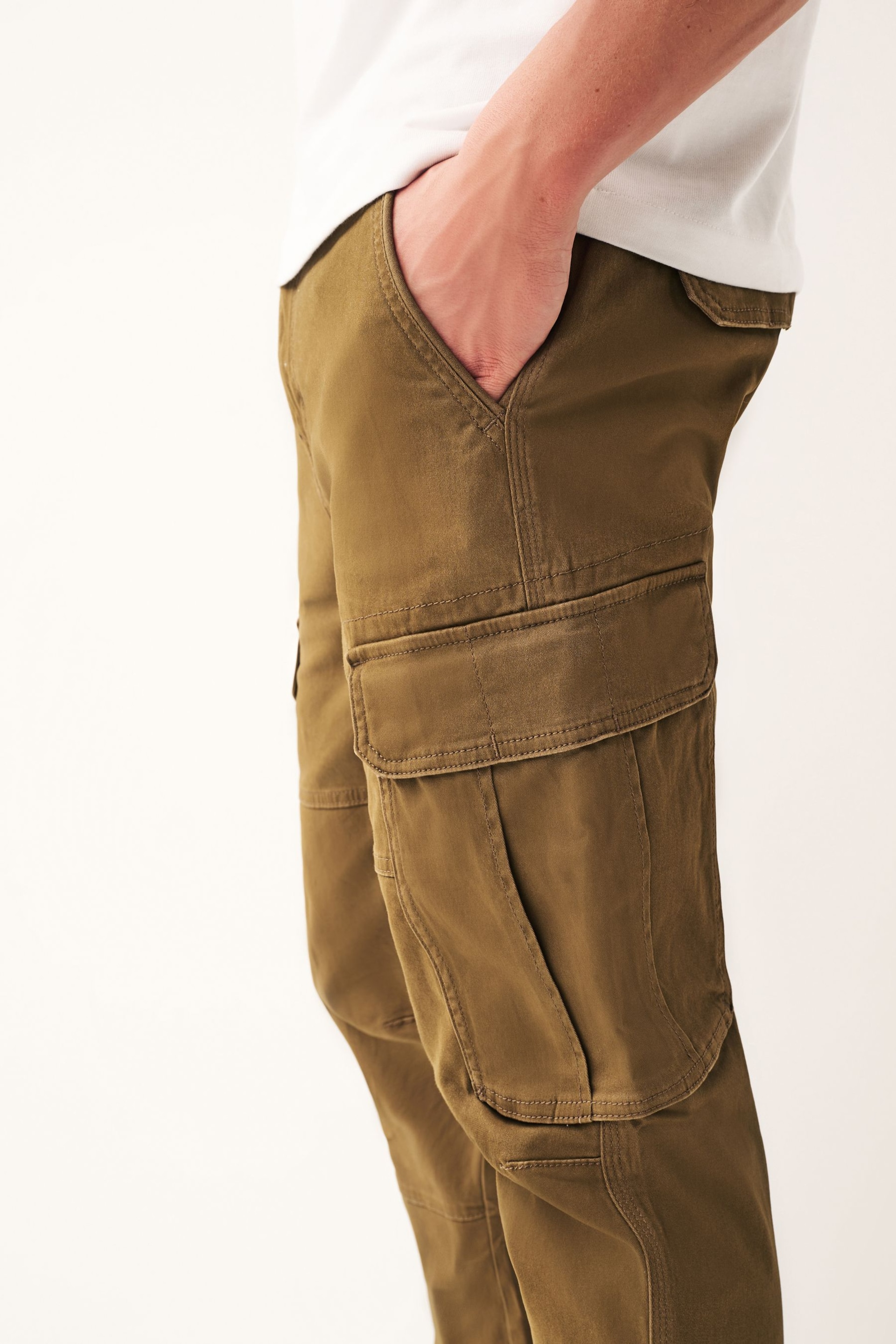 Tan Brown Slim Fit Cotton Stretch Cargo Trousers - Image 6 of 11