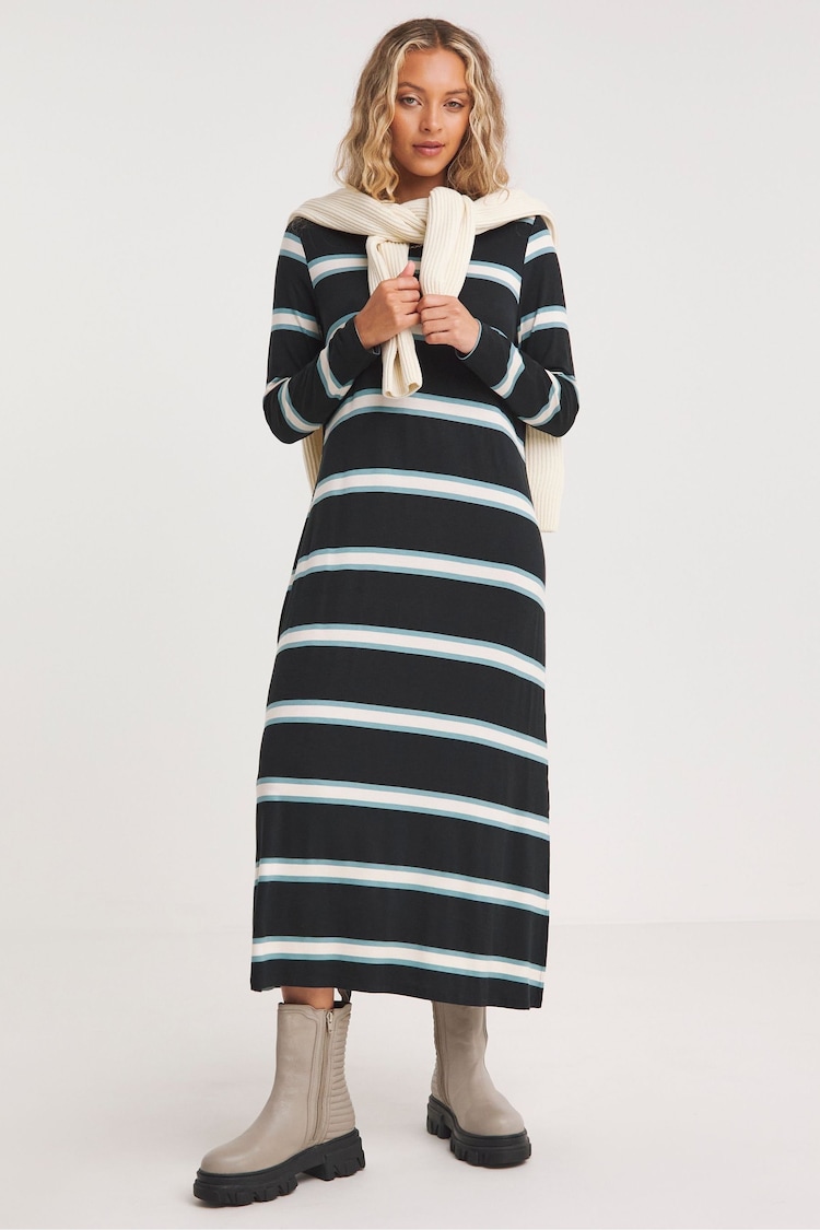 Simply Be Black Stripe Maxi T-Shirt Dress With Side Splits - Image 1 of 4