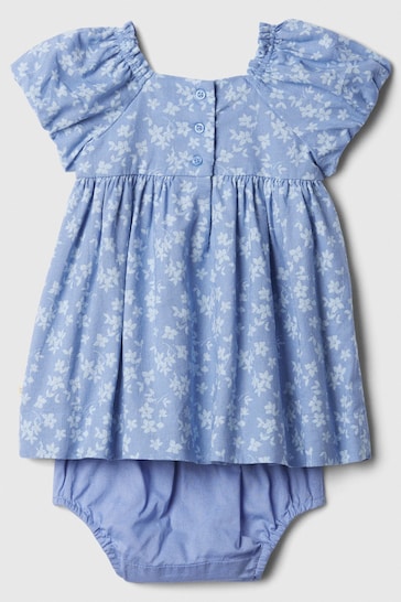 Gap Blue Linen Blend Baby Floral Puff Sleeve Top and Shorts Set (Newborn-24mths)
