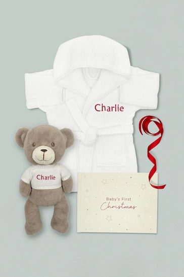 Personalised Baby's First Christmas Frankie Bear with Bathrobe and Book Set