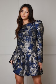 Chi Chi London Blue Long Sleeve Pephem Jacquard Mini Dress - Image 2 of 4