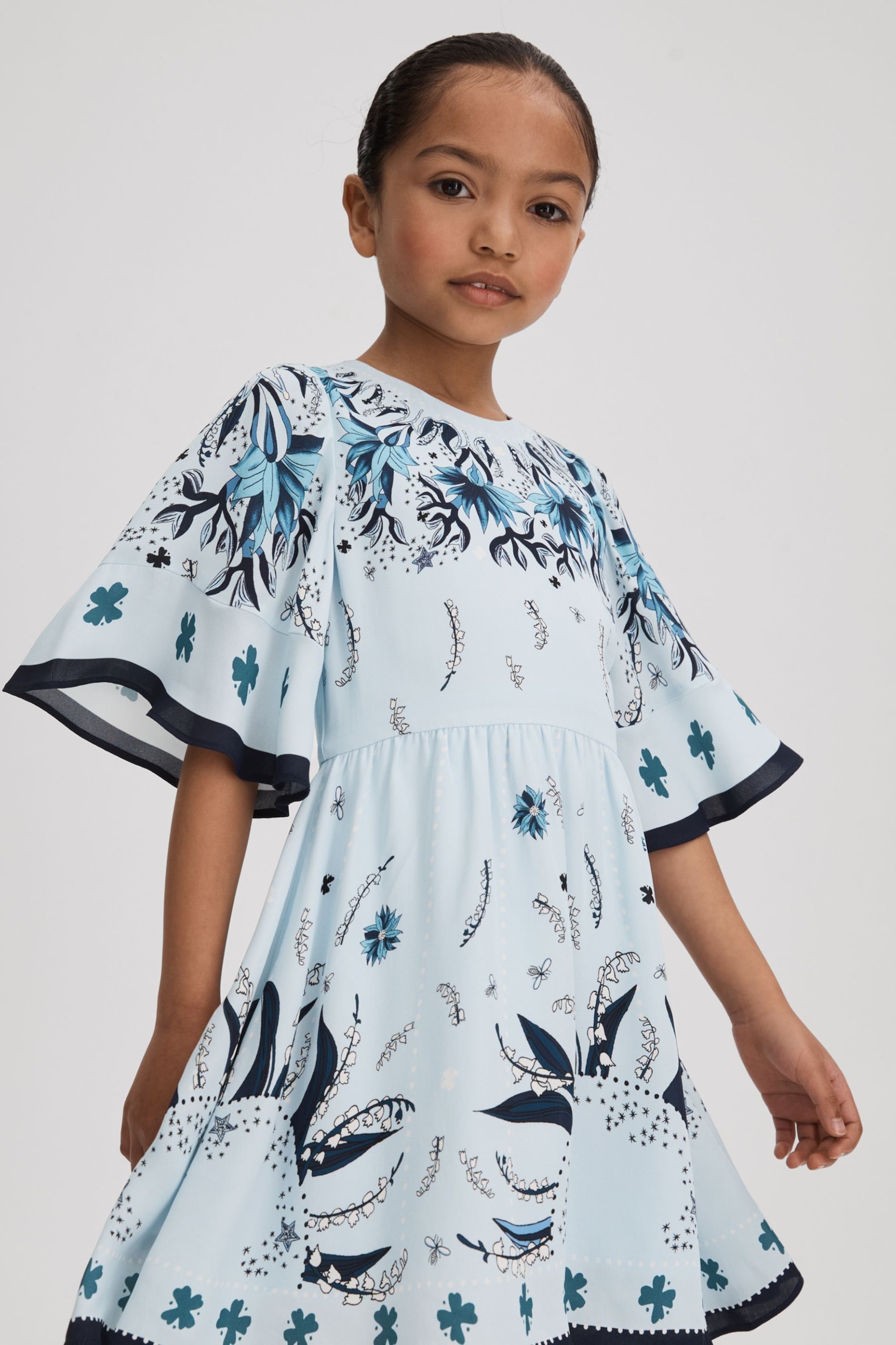 Reiss Blue Ania Teen Printed Flared Sleeve Dress - Image 3 of 4