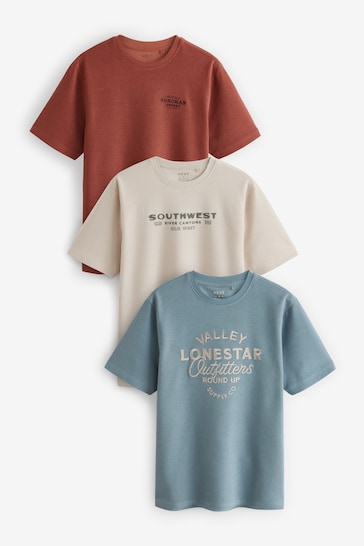 Blue/Rust/Ecru Text Print T-Shirts 3 Pack