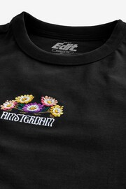 Black Flower Embroidery Relaxed Fit 100% Cotton Floral Nature Graphic T-Shirt - Image 7 of 8