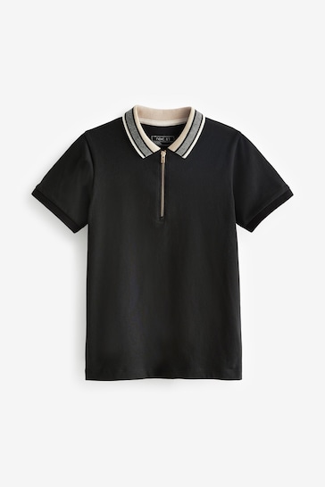 Black Short Sleeve Zip Neck Polo Shirt (3-16yrs)