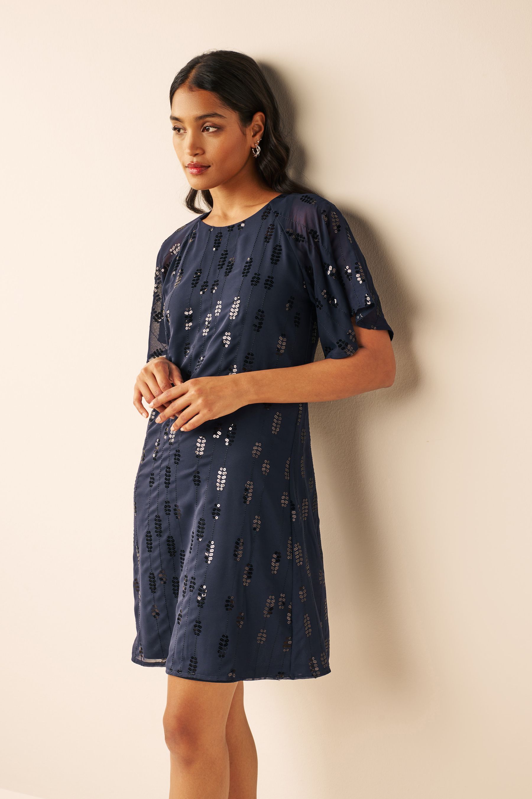 Buy Navy Blue Sequin Embellished Short Sleeve Shift Dress from Next Luxembourg
