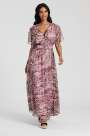 South Beach Pink Metallic Chiffon Button Detail Midi Dress - Image 1 of 4