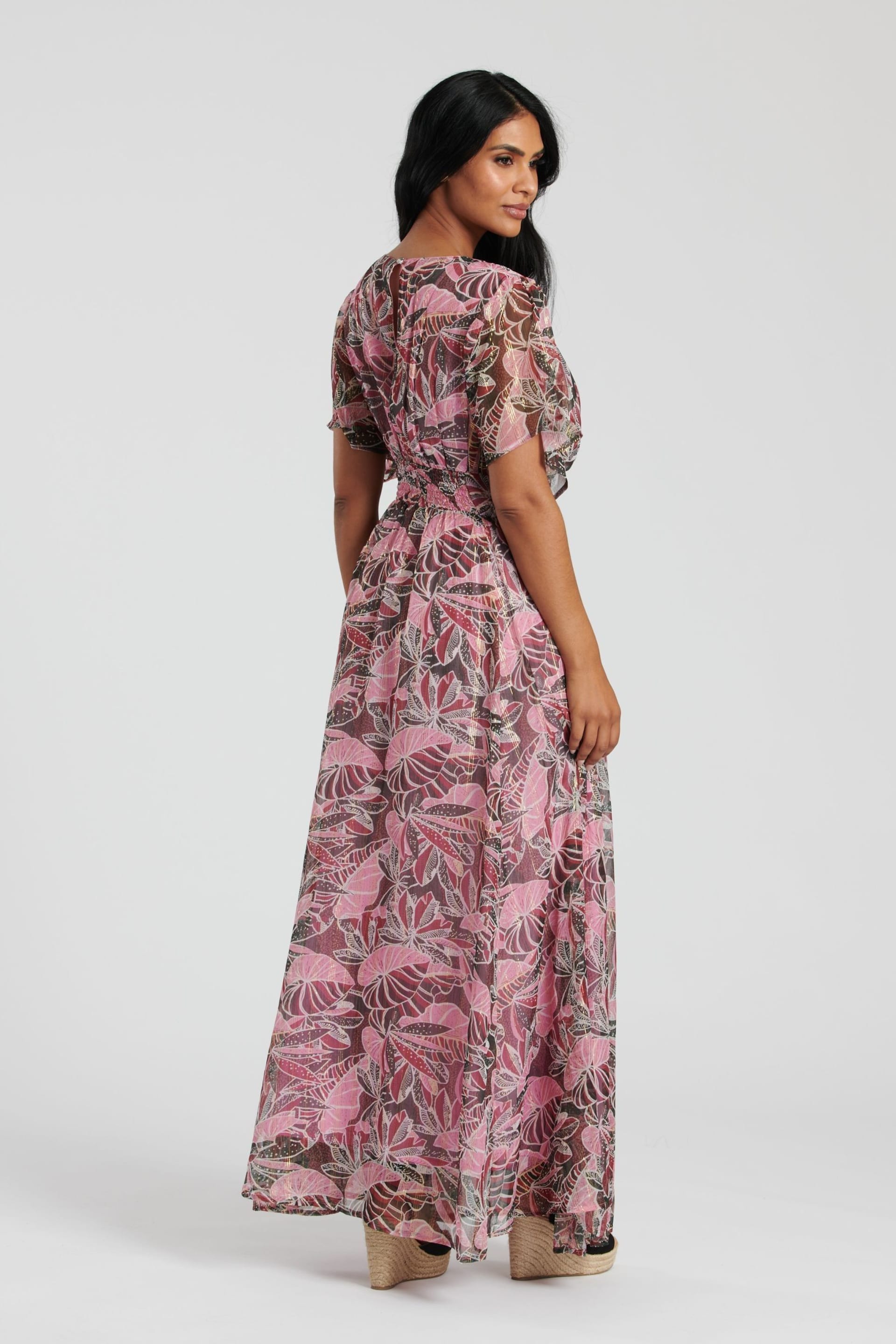 South Beach Pink Metallic Chiffon Button Detail Midi Dress - Image 2 of 4