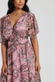 South Beach Pink Metallic Chiffon Button Detail Midi Dress - Image 3 of 4