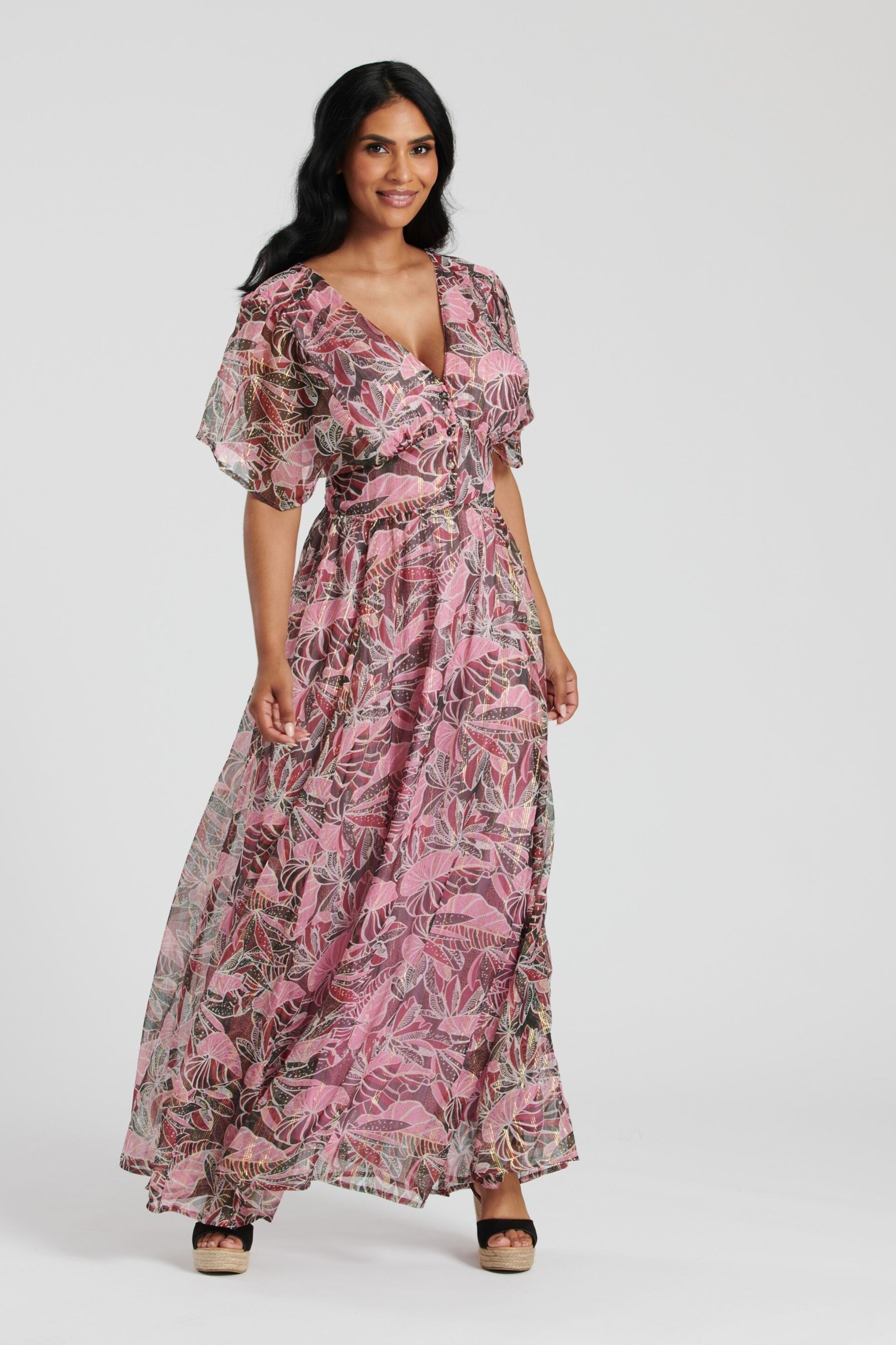 South Beach Pink Metallic Chiffon Button Detail Midi Dress - Image 4 of 4