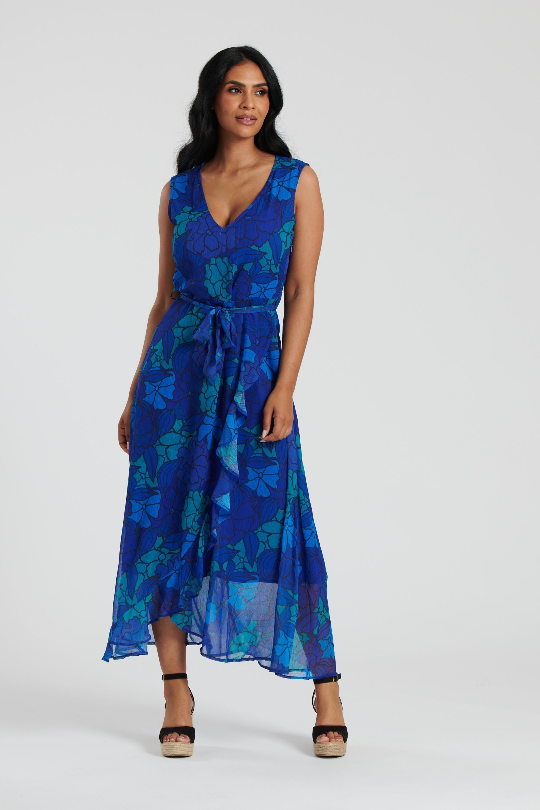 Buy South Beach Blue Chiffon V Neck Frill Wrap Midi Dress from Next Luxembourg