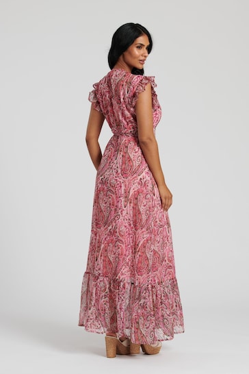 South Beach Pink Metallic Print Wrap Midi Dress