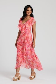 South Beach Pink Chiffon Print Frill Neck Wrap Midi Dress - Image 1 of 4