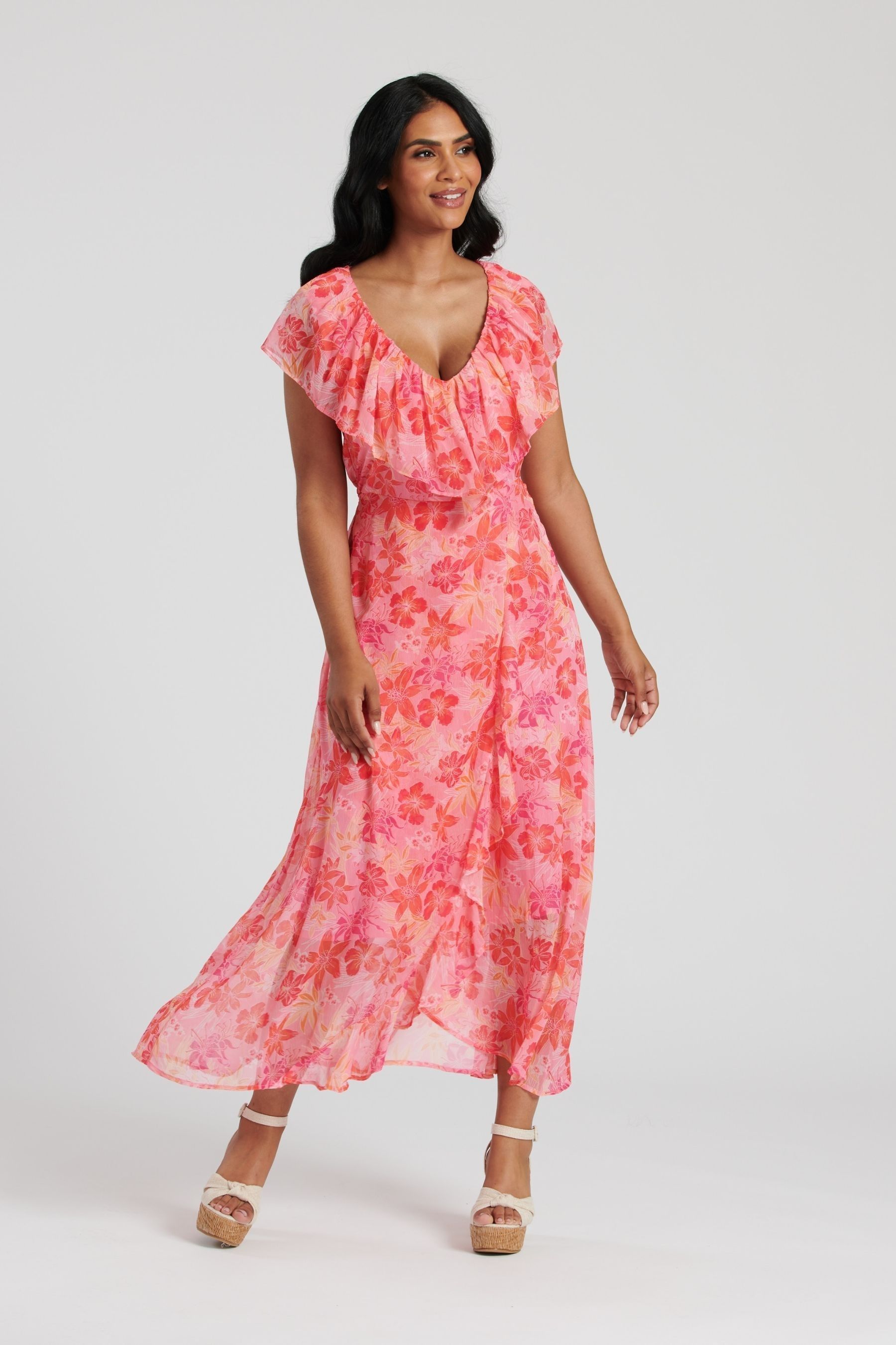 South Beach Pink Chiffon Print Frill Neck Wrap Midi Dress