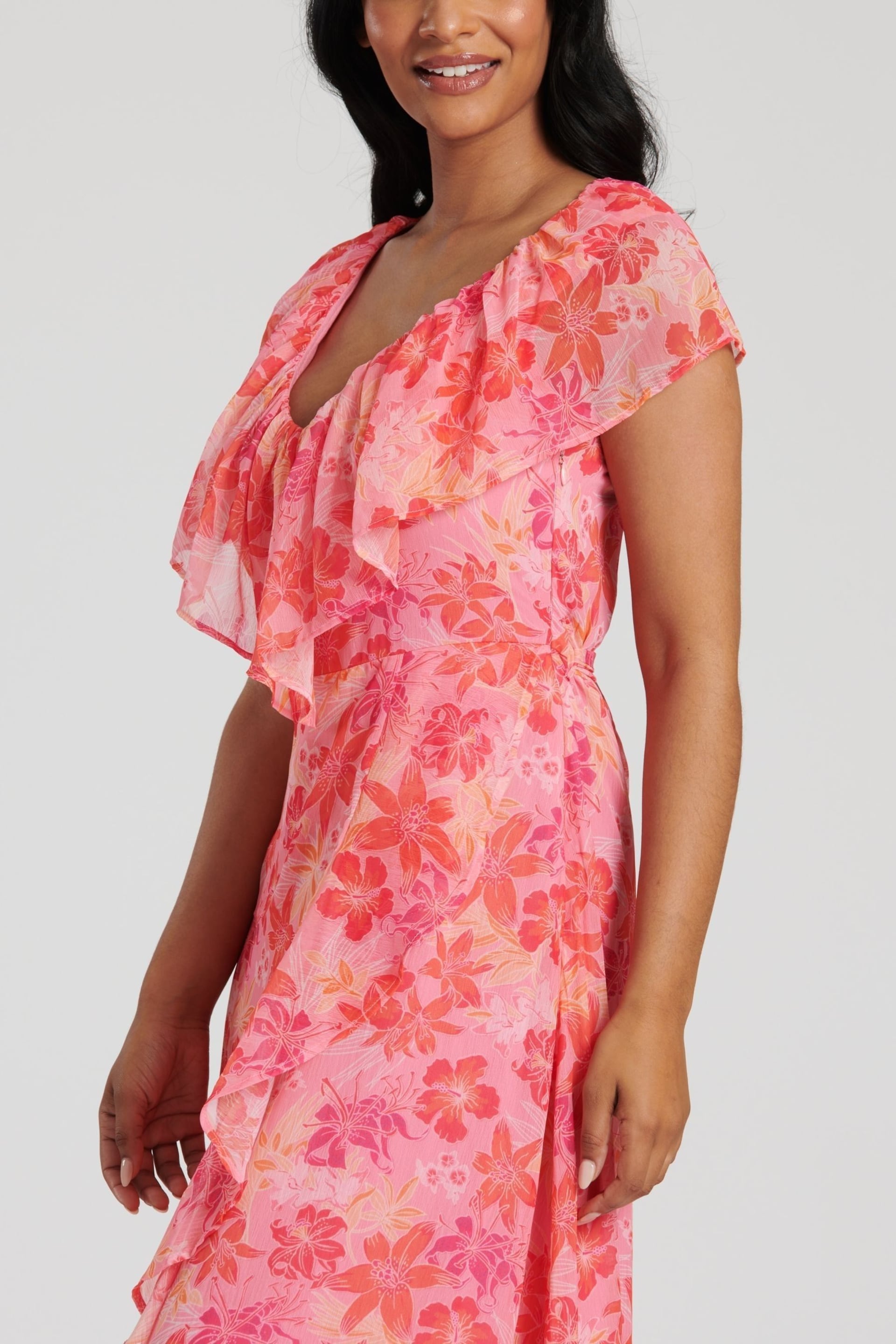 South Beach Pink Chiffon Print Frill Neck Wrap Midi Dress - Image 3 of 4